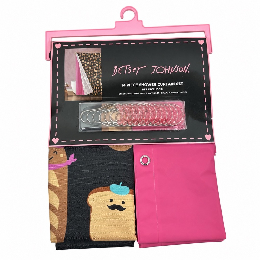 NWT Betsey Johnson Betseys Baguette Shower Curtain Set Unisex 72x72 Black Pink
